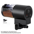 Black automatic fish feeder with a clear food container, mounting bracket, and timer buttons on the side.