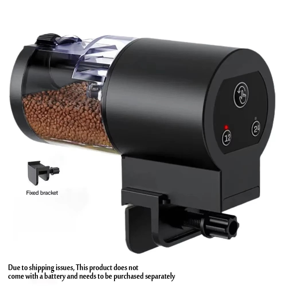 Black automatic fish feeder with a clear food container, mounting bracket, and timer buttons on the side.