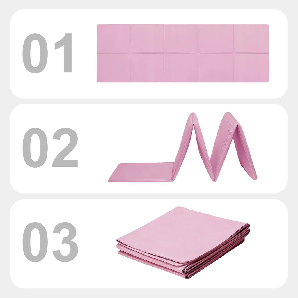 Three panels showing a pink folding gymnastics mat laid flat, partially folded, and fully stacked.