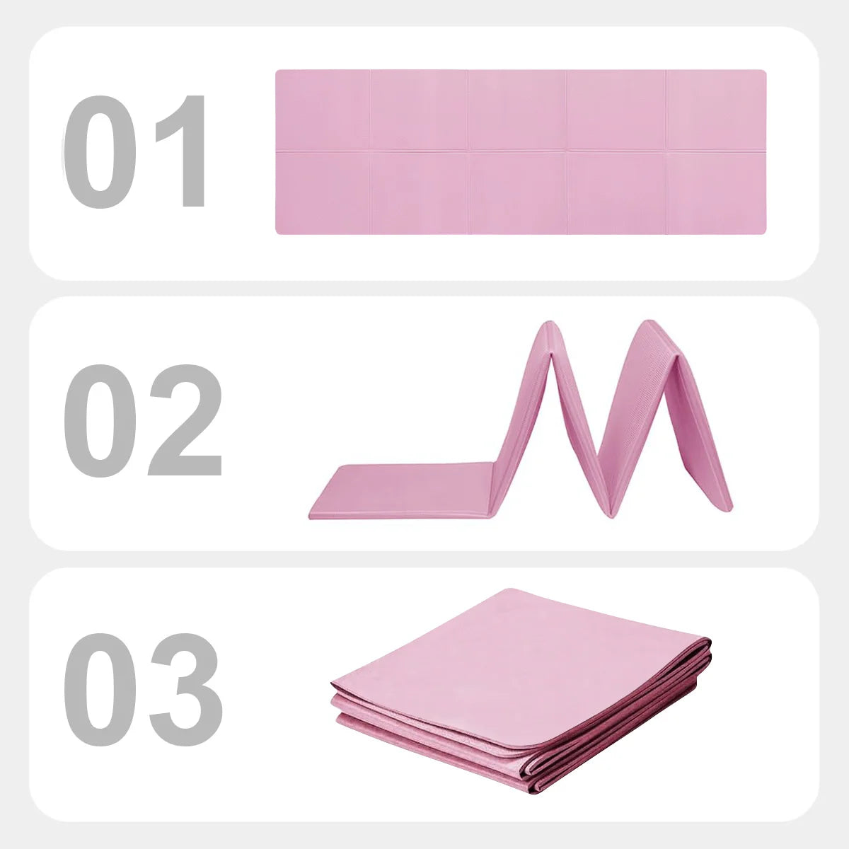 Three panels showing a pink folding gymnastics mat laid flat, partially folded, and fully stacked.