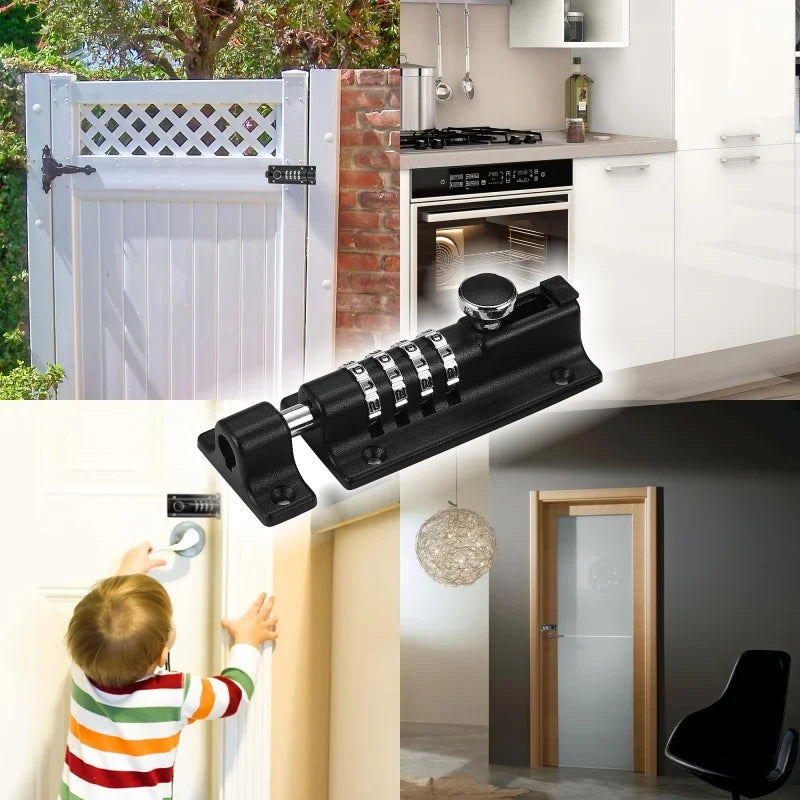 Black metal sliding door bolt latch with a four-digit combination lock.