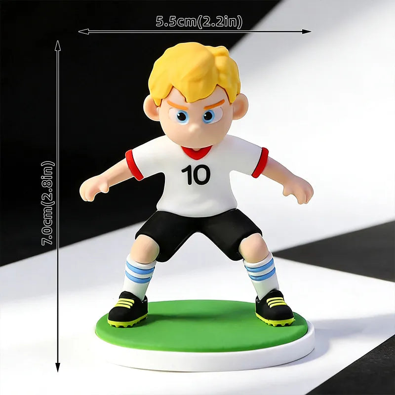Blonde football player figurine in a white number 10 kit with black shorts, standing on a green circular base.
