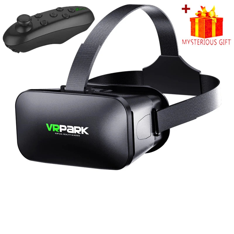 Black VR headset with adjustable head straps and a handheld controller, plus a bonus gift graphic.