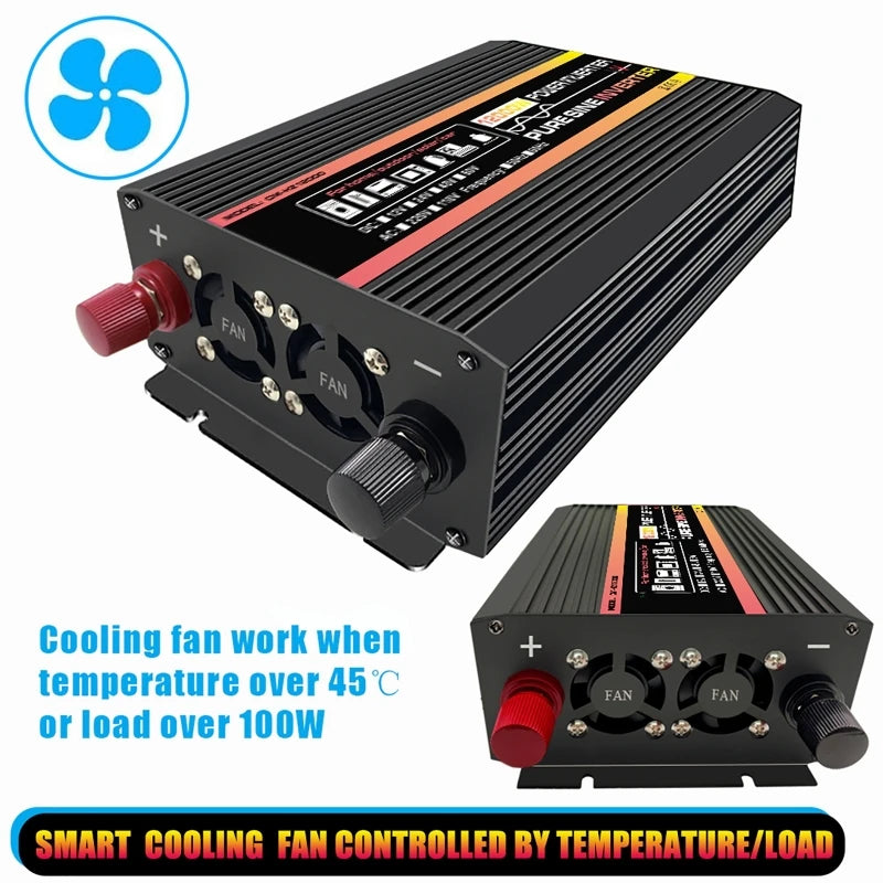 Black 12000W power inverter with twin cooling fans, red and black input terminals, and a sleek ribbed aluminium design.