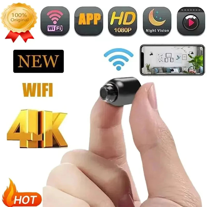 A thumb and forefinger holding a tiny, black wireless security camera with 1080p HD and night vision features.