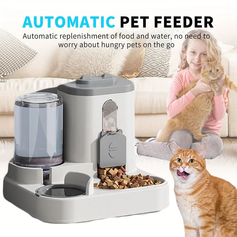 Grey and white automatic pet feeder featuring an integrated refillable water fountain and dry food dispenser.