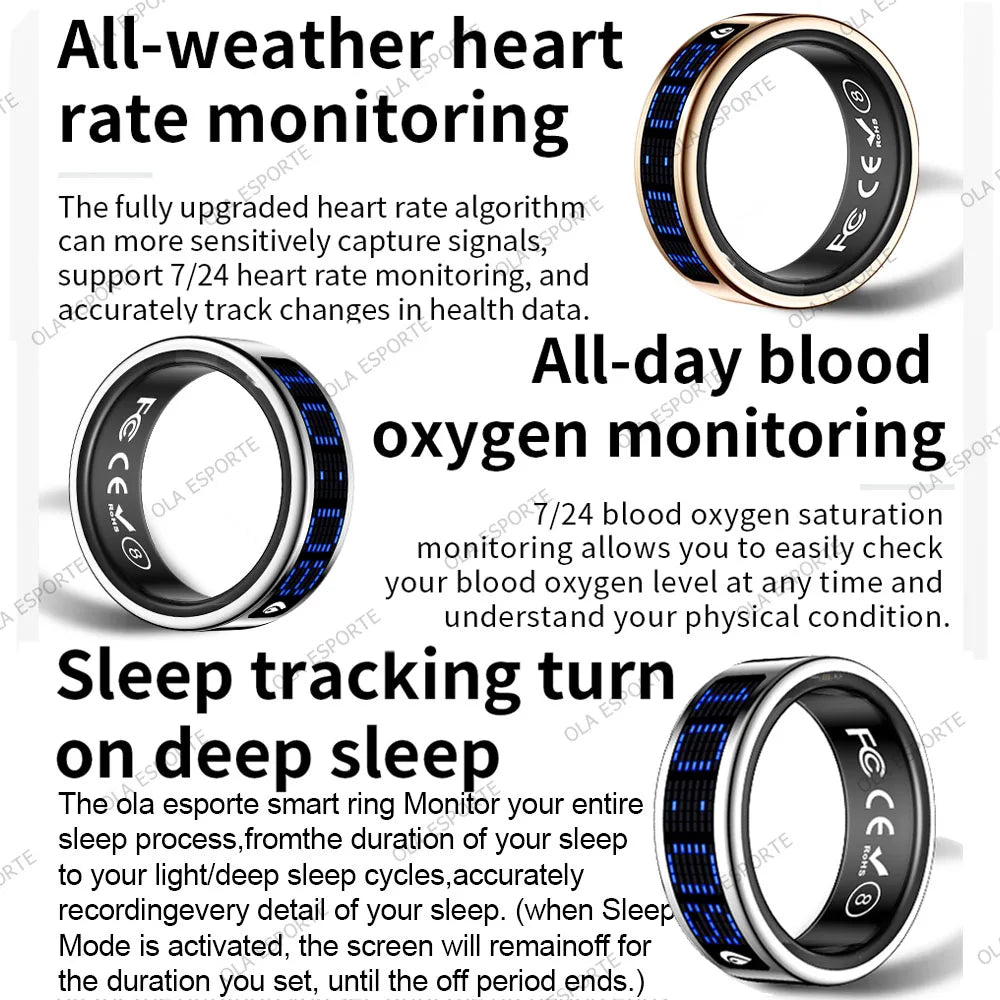 Sleek black smart ring with a digital display for tracking heart rate, blood oxygen, and sleep patterns.