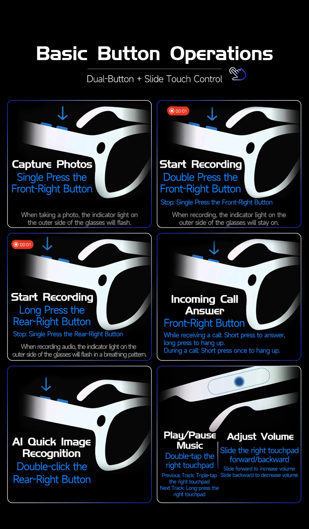 Diagram of smart glasses showing black frames, side buttons, and touch controls for photo, video, and audio functions.