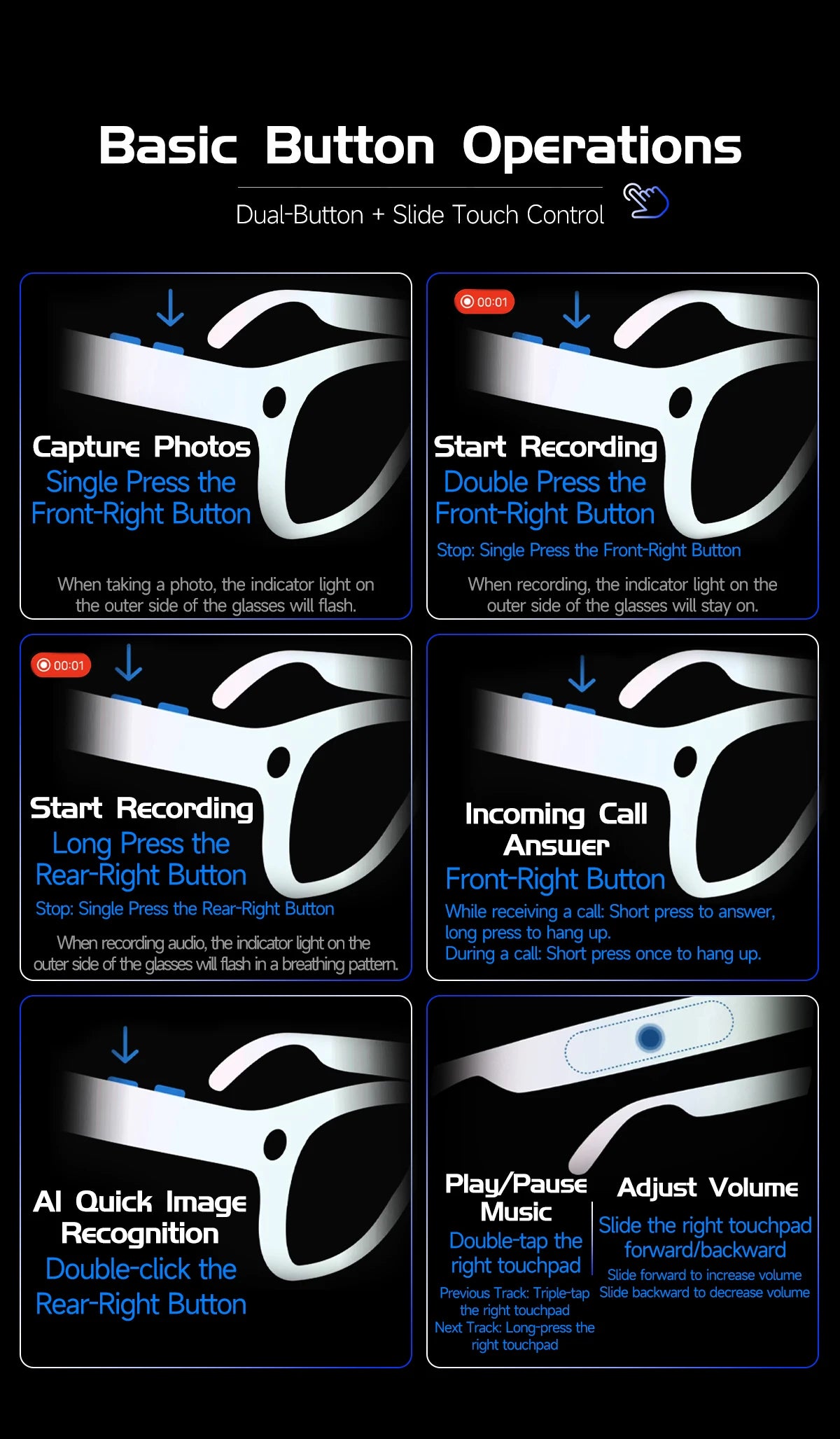Diagram of smart glasses showing black frames, side buttons, and touch controls for photo, video, and audio functions.