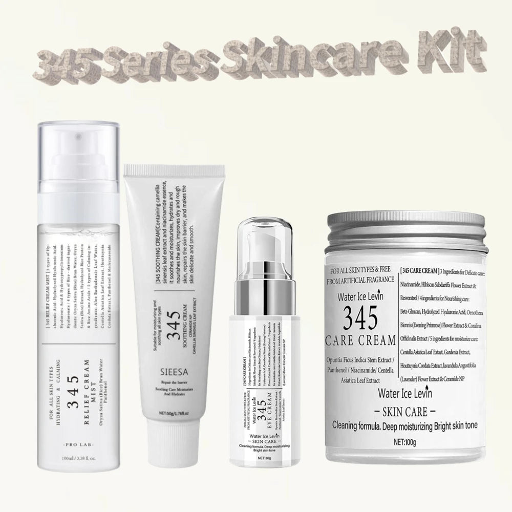 Skincare set featuring a hydrating mist, soothing cream tube, eye cream, and a jar of deep-moisturising care cream.