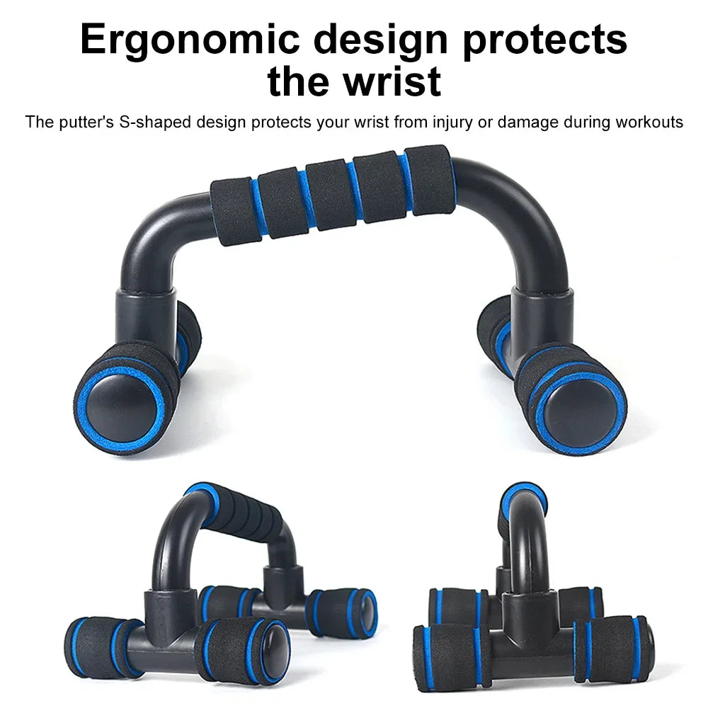 Black and blue S-shaped push-up bars with foam-padded grips for wrist support, shown from multiple angles.