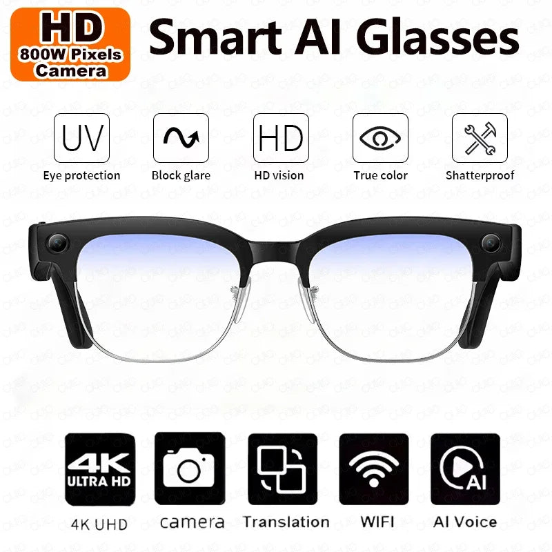Black smart glasses with built-in cameras, featuring a classic semi-rimless frame and clear, glare-reducing lenses.