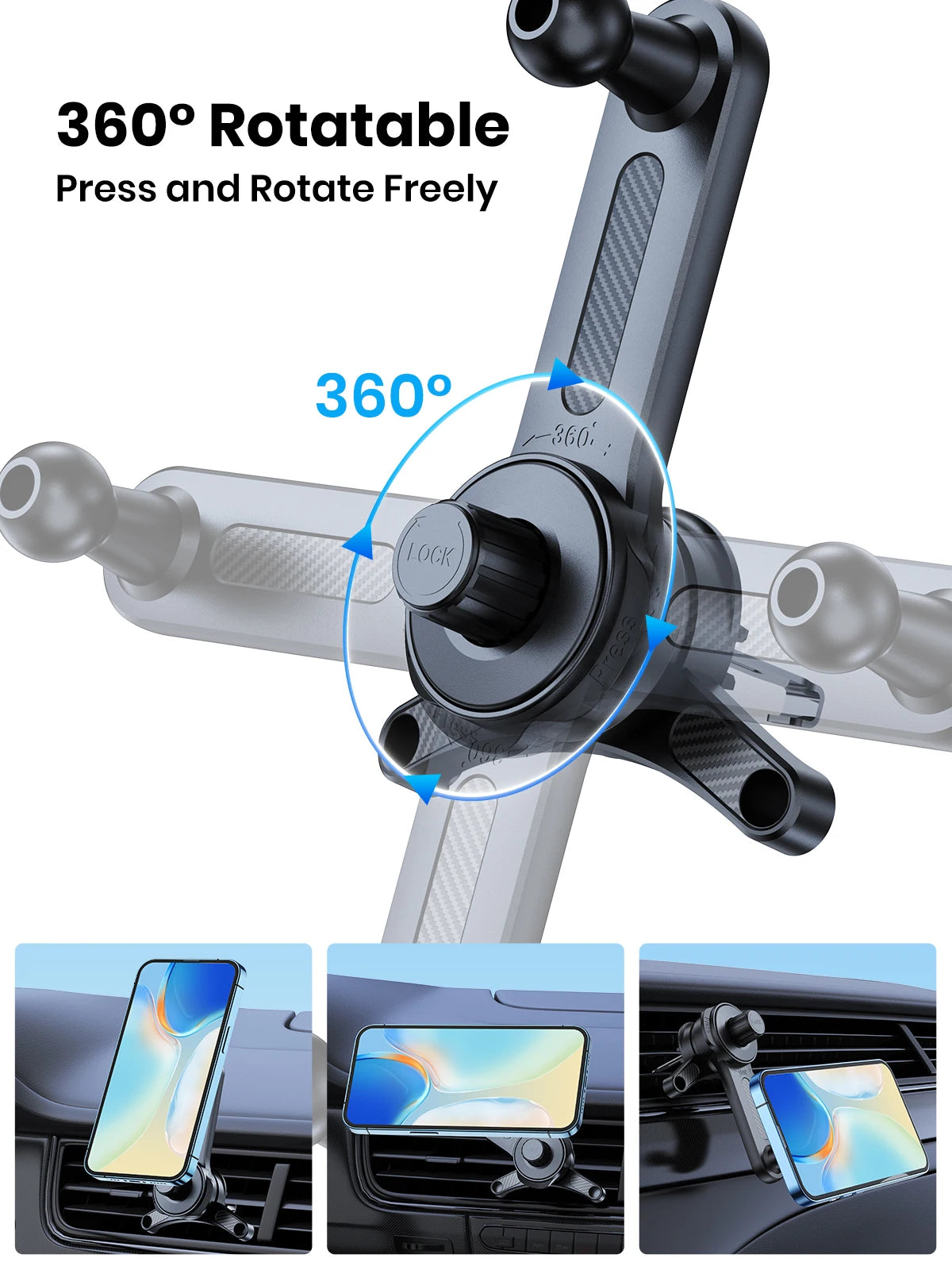 Matte black 360-degree rotatable car phone mount with adjustable arms and a secure lock knob for dashboard vents.