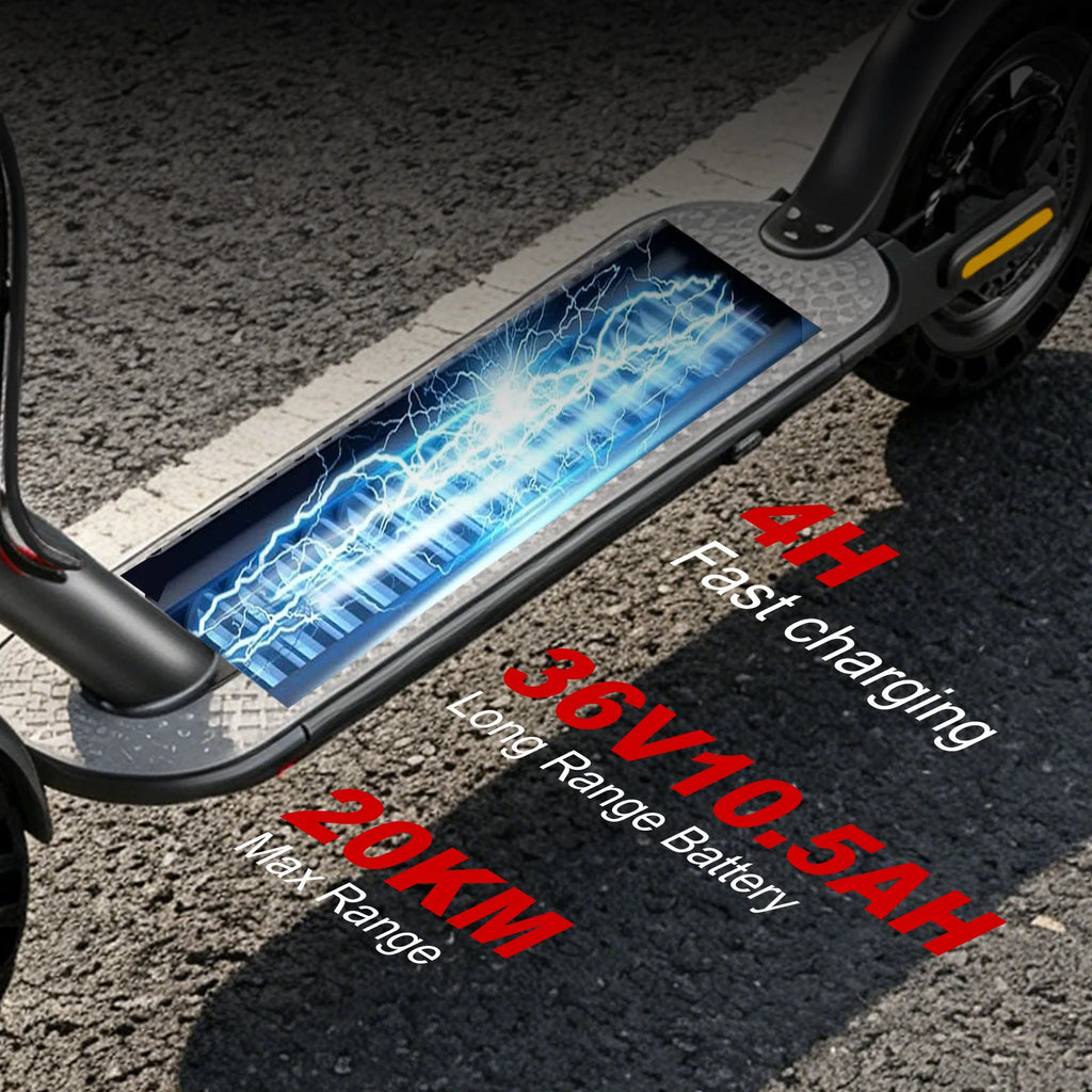 Black AOVOPRO electric scooter deck graphic showing glowing blue battery energy and red text highlighting range and charging specs.