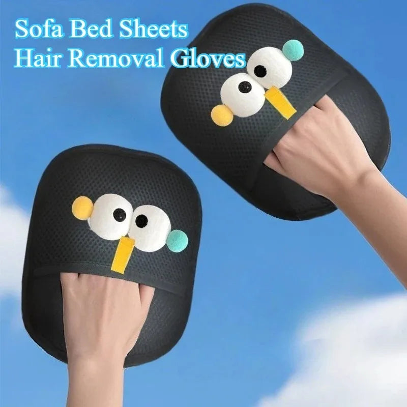 Two black hair removal gloves with a cute, googly-eyed cartoon face design on a blue sky background.