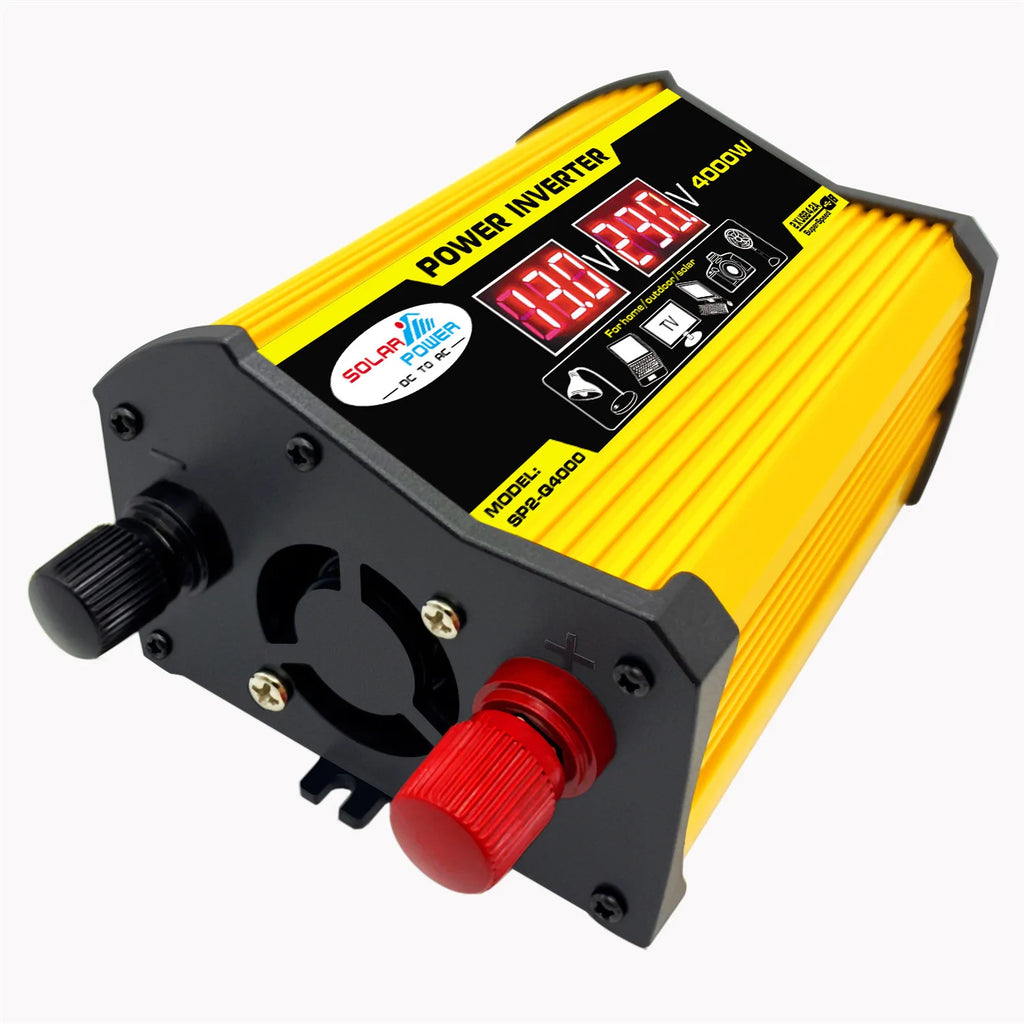 Yellow and black 4000W DC to AC car power inverter with a digital display, cooling fan, and terminal connectors.