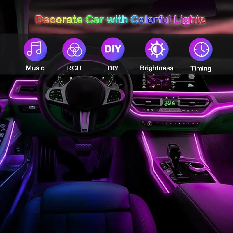 Car interior with glowing purple LED fiber optic ambient strip lights along the dashboard and console.