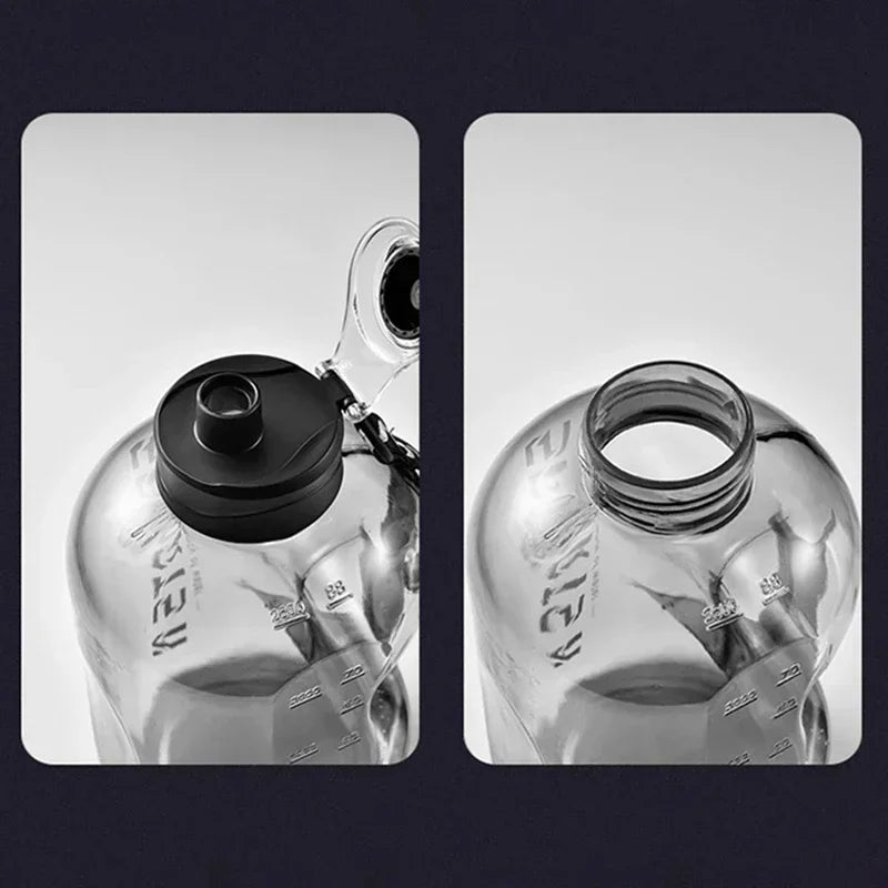 Two views of a clear grey sports water bottle showing the wide-mouth opening and the closed black flip-top lid.
