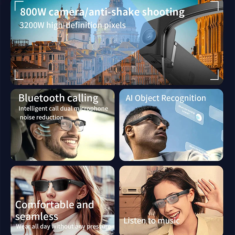 Black smart glasses featuring a built-in camera, Bluetooth calling, AI recognition, and audio playback capabilities.