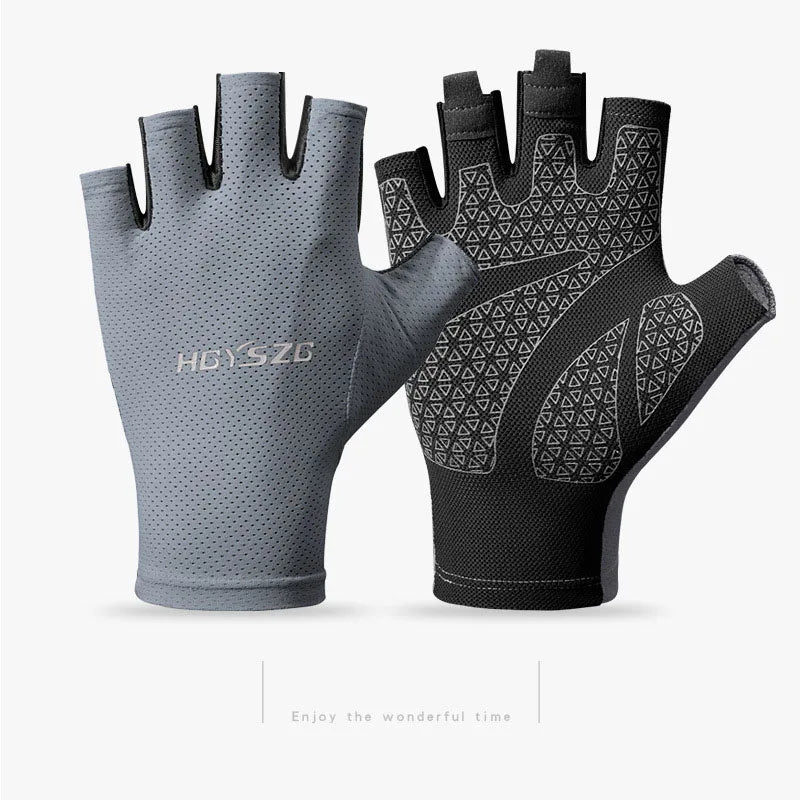 Fingerless cycling gloves in grey and black with a breathable mesh design and patterned grip palms.