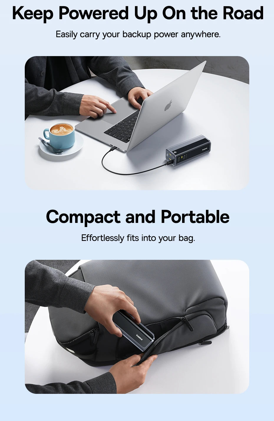 Compact dark grey 145W 20800mAh power bank charging a laptop, shown being easily packed into a bag.