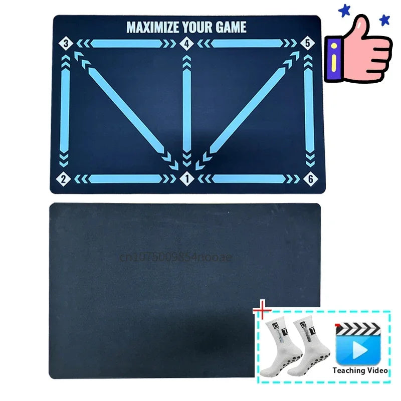Black sports training mat with light blue numbered direction arrows and text, includes a pair of grip socks.