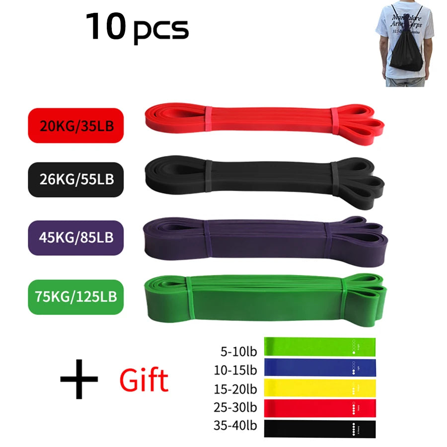10-piece exercise resistance band set in various colours and strengths, including a carry bag and bonus mini bands.