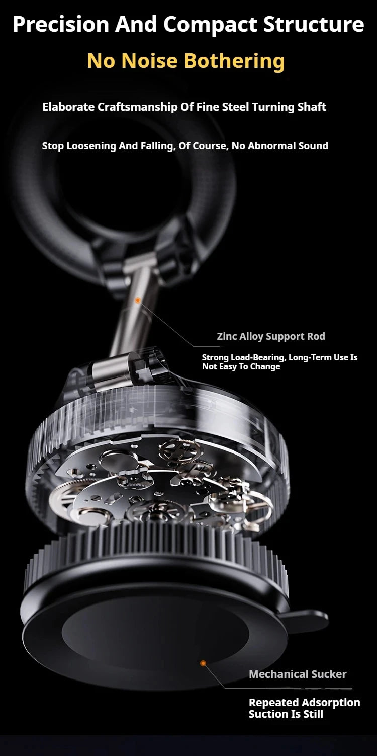 Black mechanical suction mount with a metallic support rod and transparent gear-style base, shown against black.