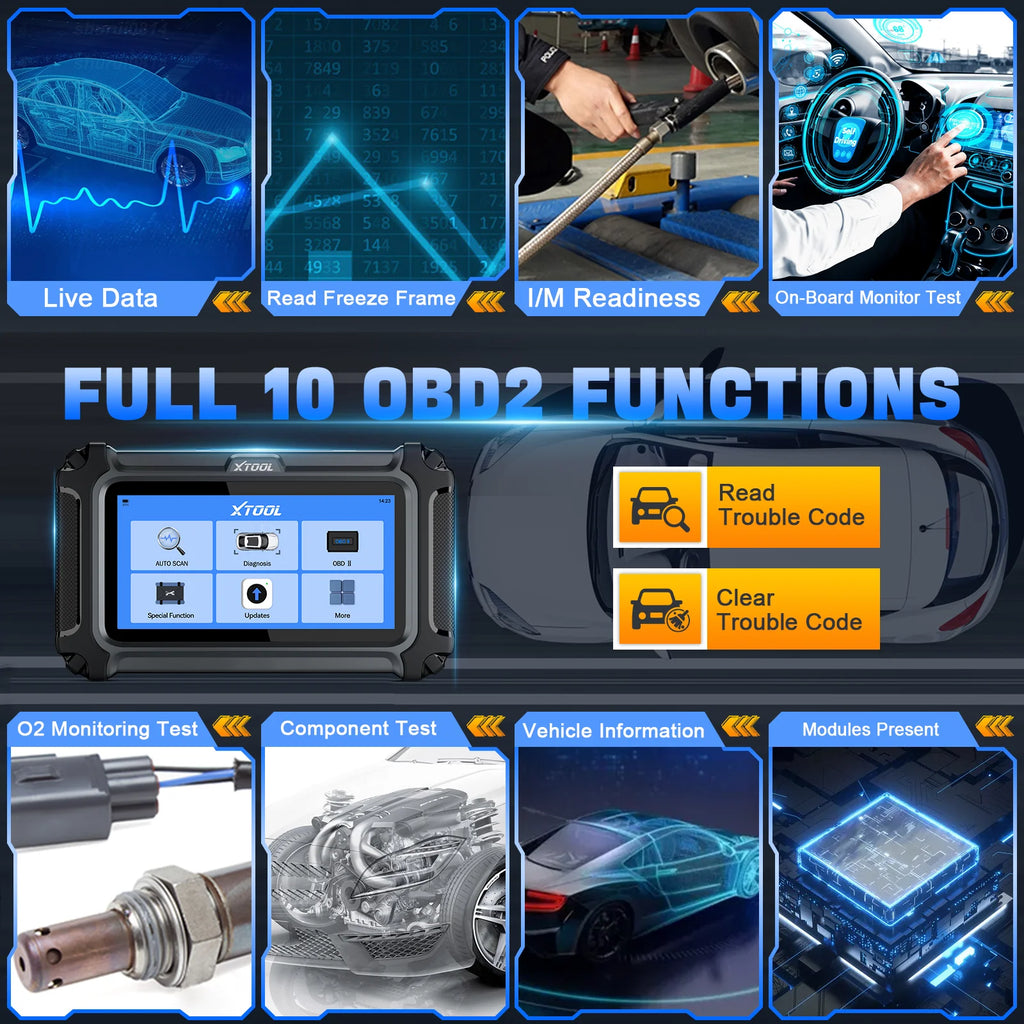 XTOOL D5 black OBD2 scanner with touchscreen displaying diagnostic menu, surrounded by car function icons.