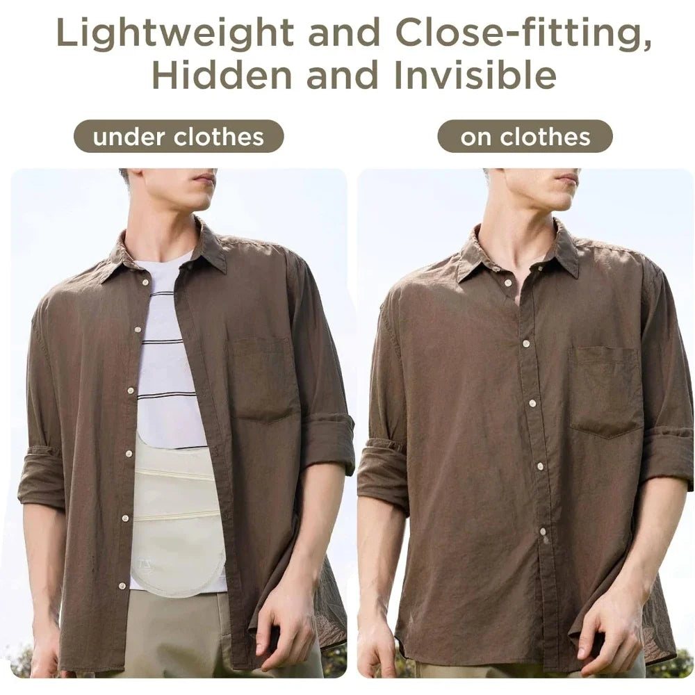 A slim, beige anti-theft crossbody money belt worn under a shirt, showing how it remains invisible and close-fitting.