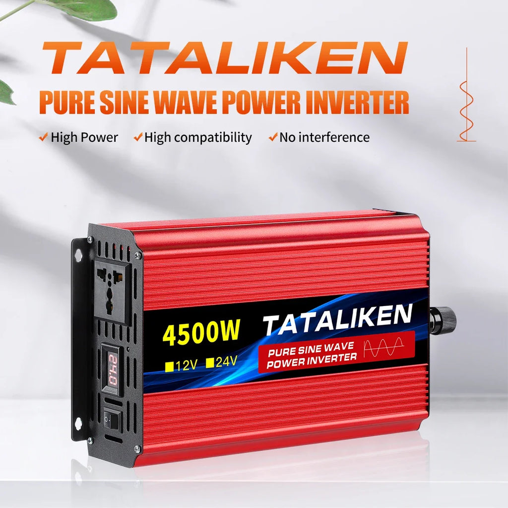 A red 4500W pure sine wave power inverter with an LCD display, universal AC socket, and 12V/24V compatibility.