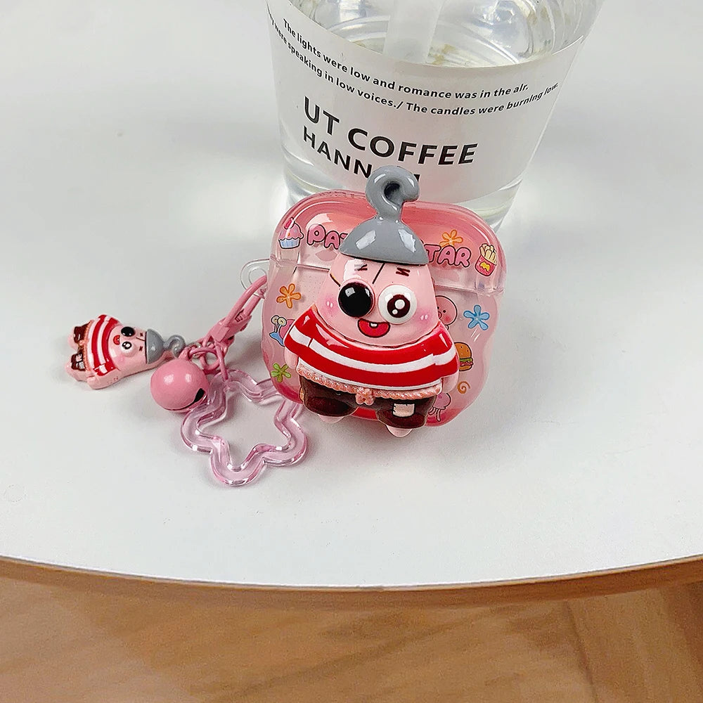 Pink silicone AirPods case featuring a cartoon character, star charm, and mini figure keychain.