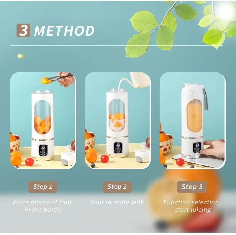 A three-step guide showing a white portable blender with a digital display, blending fruit and milk into a smoothie.