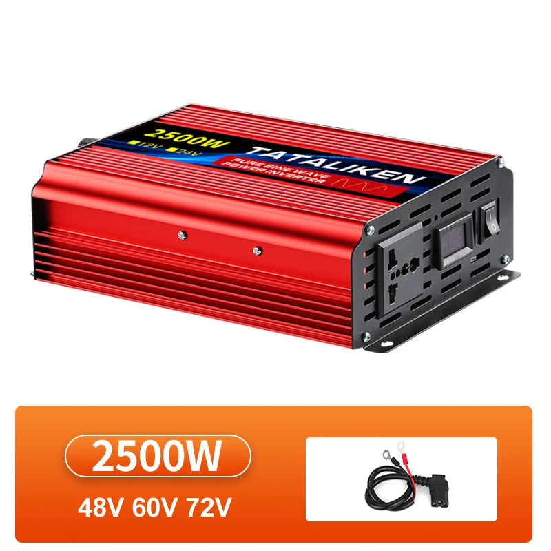 Red 2500W pure sine wave power inverter with a digital display, AC outlet, and included battery connection cables.