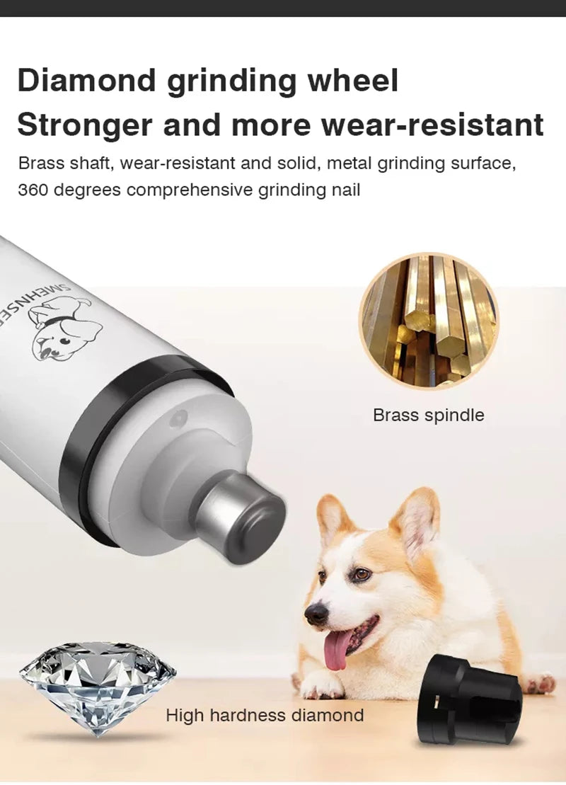 White electric pet nail grinder featuring a durable brass spindle, diamond grinding wheel and built-in LED light.
