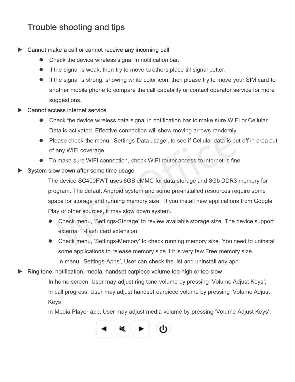 Technical document page titled Troubleshooting and tips, featuring guidance for call, internet, and system performance.
