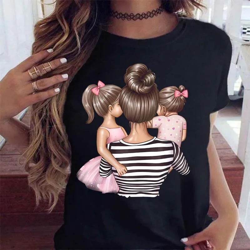 Black t-shirt featuring a back-view graphic of a mother with a bun hairstyle holding her two young daughters.