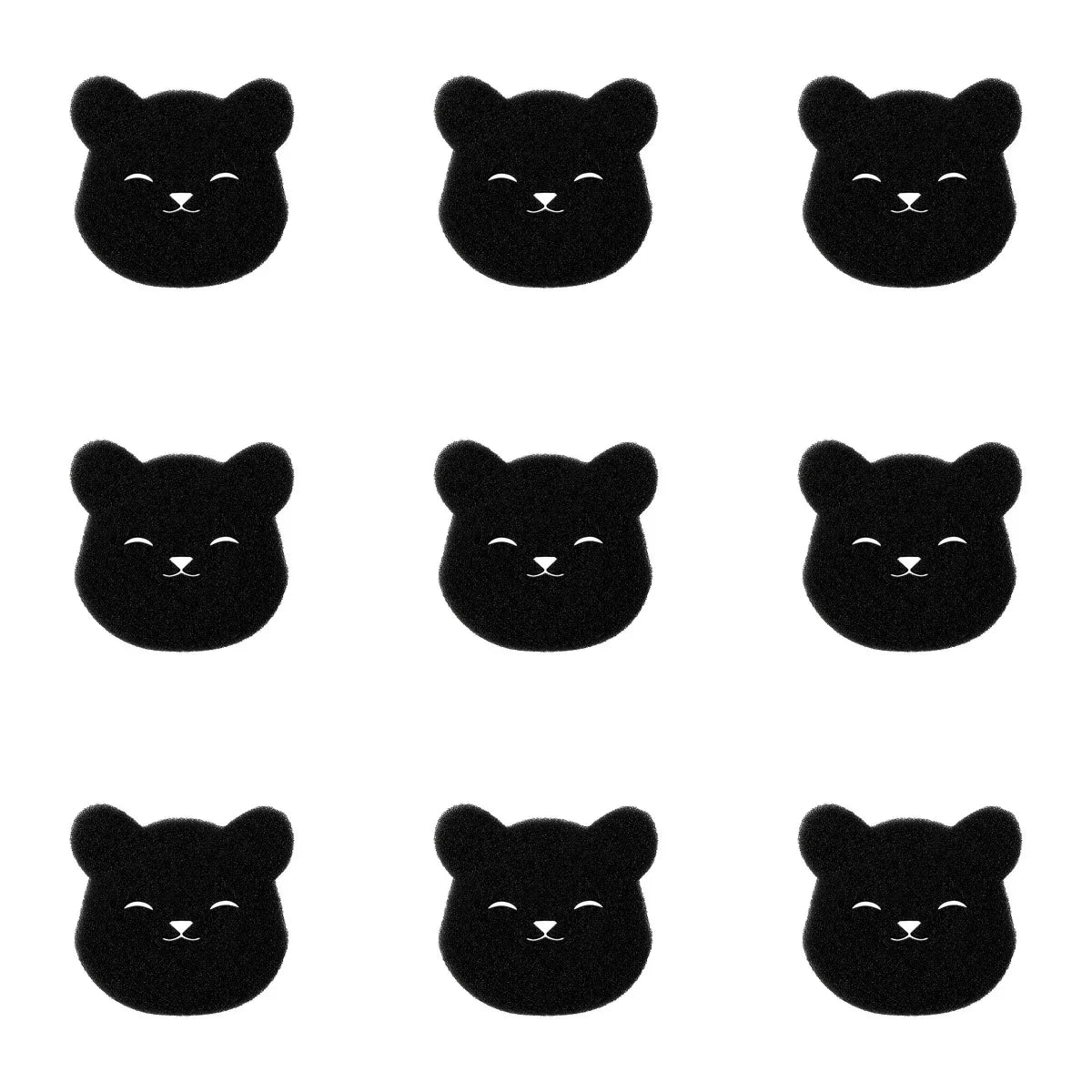 Pattern of nine black, fluffy bear faces with smiling white eyes and noses on a white background.