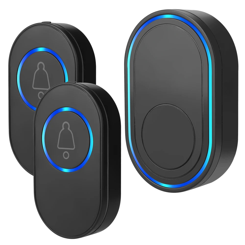 Two black wireless doorbell buttons and one chime unit, each featuring a sleek oval design with glowing blue LED rings.