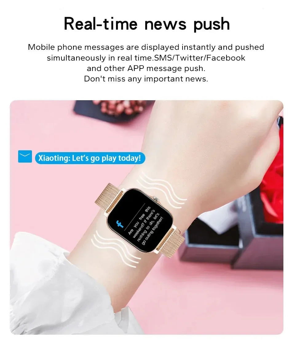 Rose gold smartwatch on a wrist, featuring a touchscreen display showing real-time mobile message notifications.