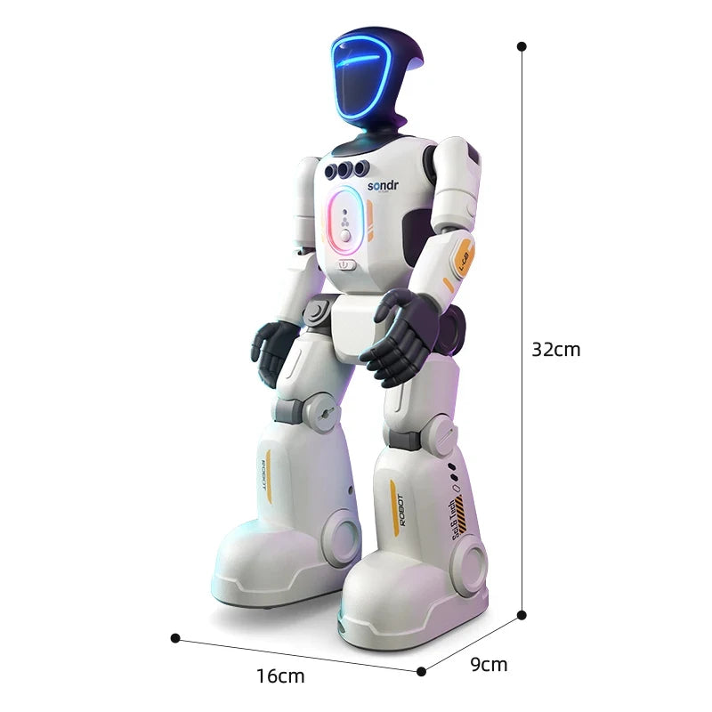 White and black humanoid robot with blue glowing face, 32cm tall with dimensions indicated.