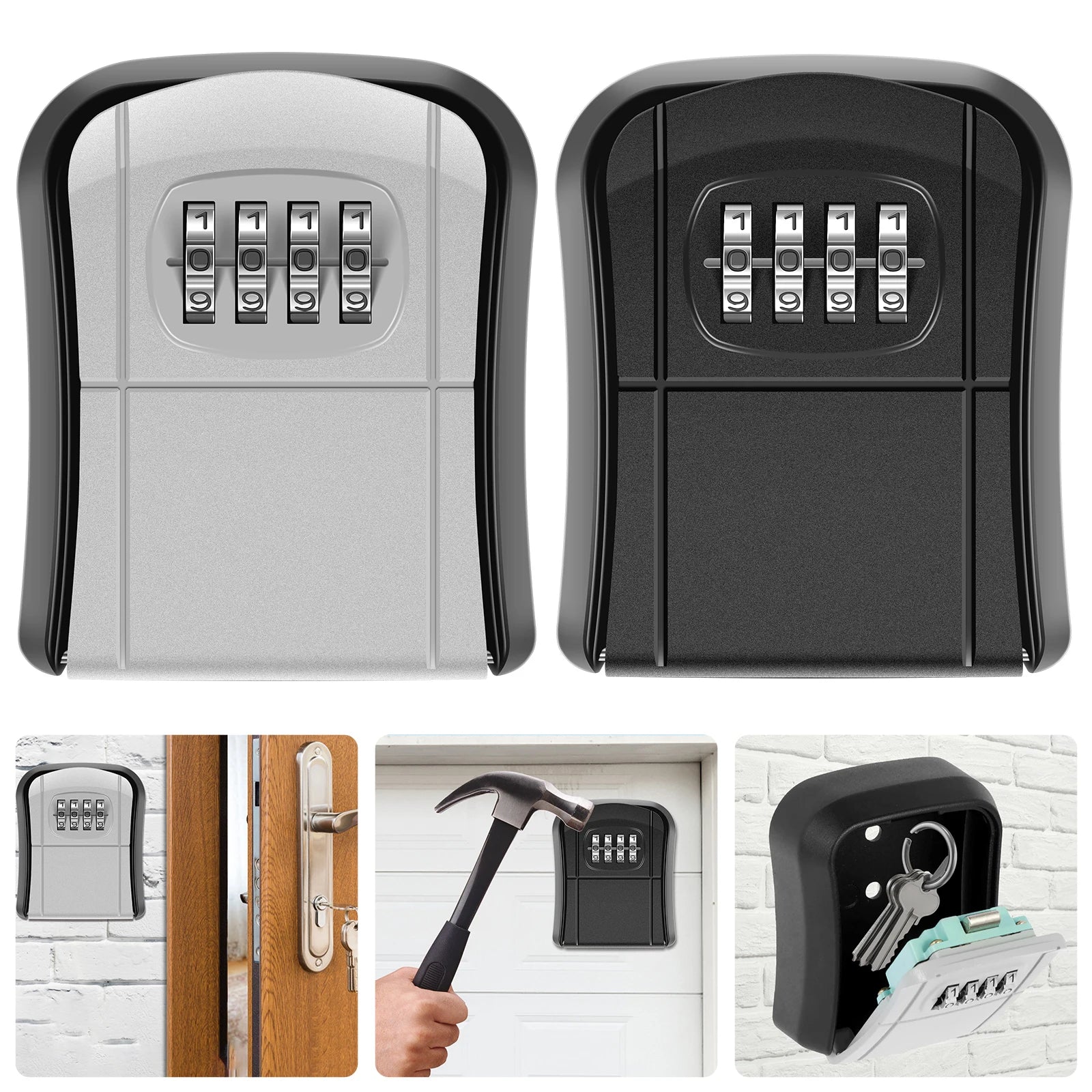 Silver and black metal wall-mounted key lock boxes with 4-digit combination dials and hinged covers.
