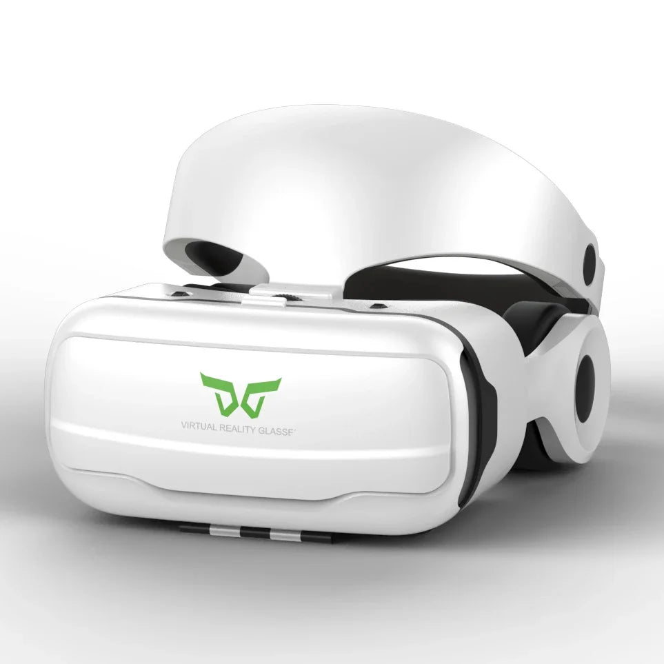 White VR headset with black padding, curved headband, and green logo on the front.
