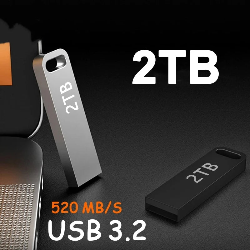 Silver and black 2TB portable USB 3.2 flash drives with a sleek, metallic design and high-speed data transfer.