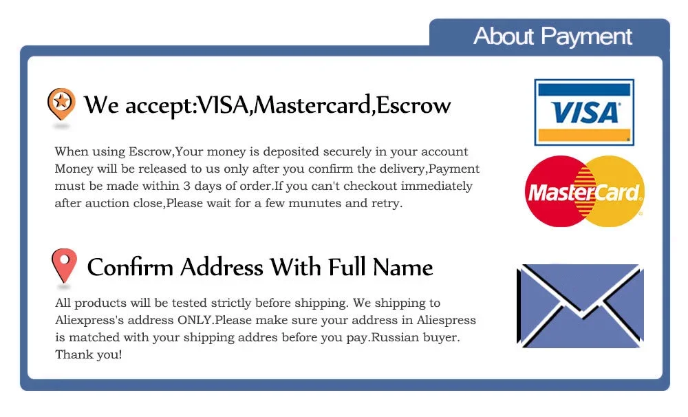 Informational graphic explaining payment methods including Visa, Mastercard, Escrow, and address confirmation requirements.