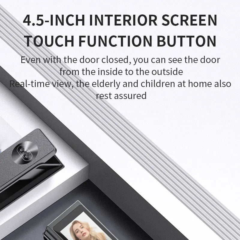 Black, rectangular digital door viewer with a 4.5-inch touch screen and integrated camera lens.