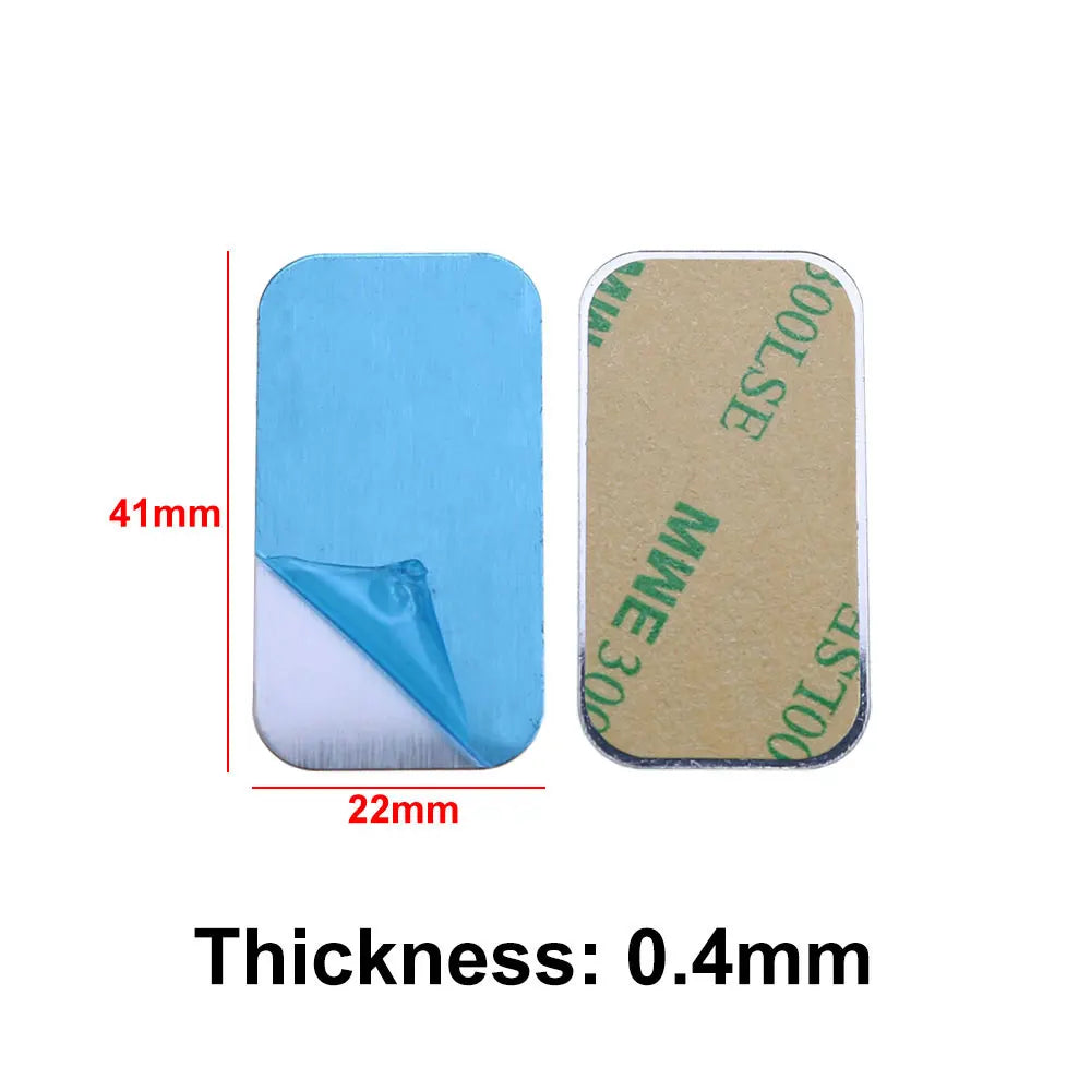 Two rectangular adhesive metal plates, 41mm by 22mm and 0.4mm thick, one with blue film and one with adhesive backing.