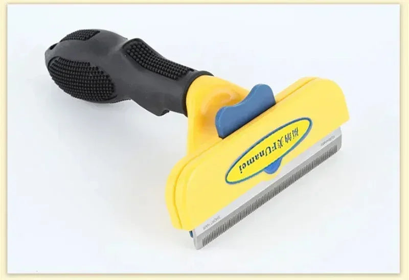 Yellow and black pet deshedding tool with a stainless steel comb and blue release button.