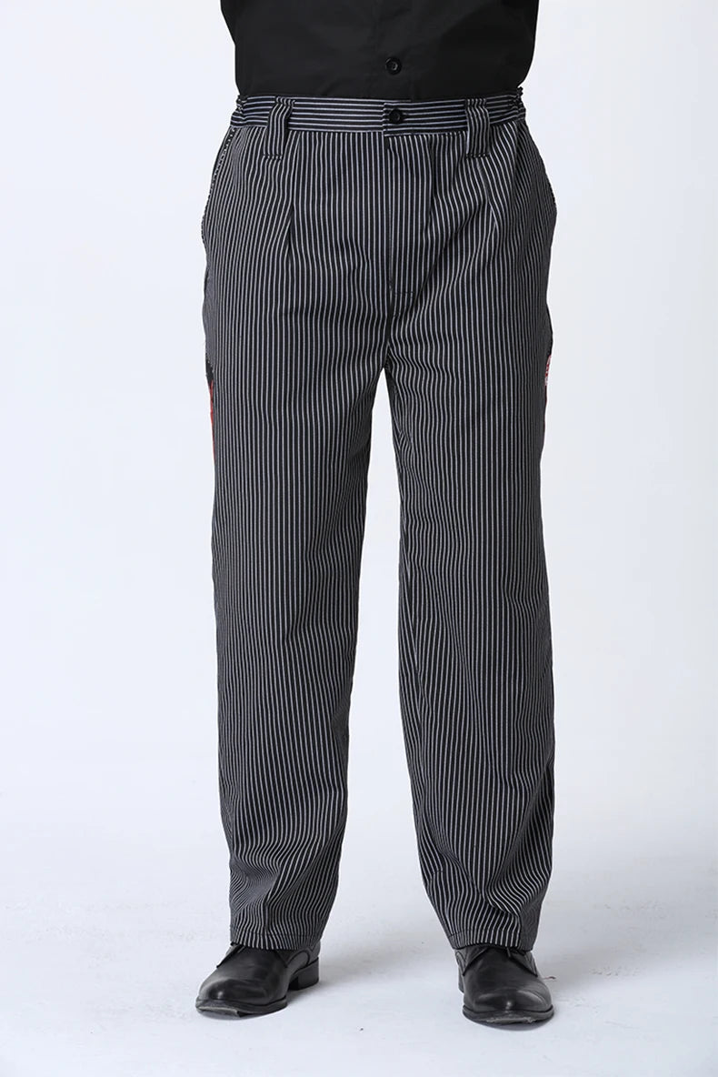 Professional black and white pinstripe chef trousers with a tailored, comfortable fit.