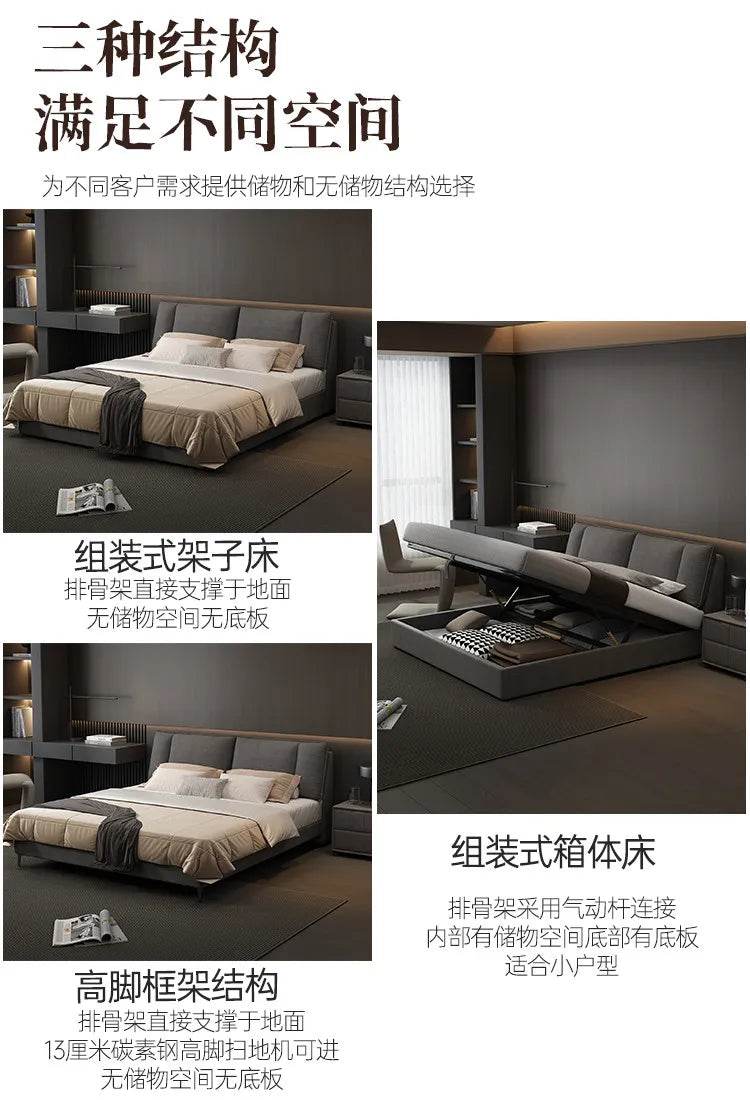 Modern grey upholstered double bed in a contemporary bedroom, showing options for internal ottoman storage.